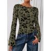 imagePRETTYGARDEN Women Long Sleeve Floral Mesh Tops Blouse 2025 Fall Trendy Boat Neck Ruched Fitted Shirt Going Out Date OutfitsArmy Green