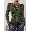 imagePRETTYGARDEN Women Long Sleeve Floral Mesh Tops Blouse 2025 Fall Trendy Boat Neck Ruched Fitted Shirt Going Out Date OutfitsArmy Green