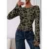 imagePRETTYGARDEN Women Long Sleeve Floral Mesh Tops Blouse 2025 Fall Trendy Boat Neck Ruched Fitted Shirt Going Out Date OutfitsArmy Green