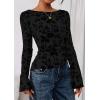 imagePRETTYGARDEN Women Long Sleeve Floral Mesh Tops Blouse 2025 Fall Trendy Boat Neck Ruched Fitted Shirt Going Out Date OutfitsBlack