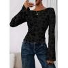 imagePRETTYGARDEN Women Long Sleeve Floral Mesh Tops Blouse 2025 Fall Trendy Boat Neck Ruched Fitted Shirt Going Out Date OutfitsBlack