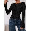 imagePRETTYGARDEN Women Long Sleeve Floral Mesh Tops Blouse 2025 Fall Trendy Boat Neck Ruched Fitted Shirt Going Out Date OutfitsBlack