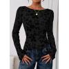 imagePRETTYGARDEN Women Long Sleeve Floral Mesh Tops Blouse 2025 Fall Trendy Boat Neck Ruched Fitted Shirt Going Out Date OutfitsBlack