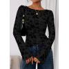 imagePRETTYGARDEN Women Long Sleeve Floral Mesh Tops Blouse 2025 Fall Trendy Boat Neck Ruched Fitted Shirt Going Out Date OutfitsBlack
