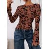 imagePRETTYGARDEN Women Long Sleeve Floral Mesh Tops Blouse 2025 Fall Trendy Boat Neck Ruched Fitted Shirt Going Out Date OutfitsBrown