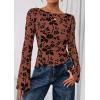 imagePRETTYGARDEN Women Long Sleeve Floral Mesh Tops Blouse 2025 Fall Trendy Boat Neck Ruched Fitted Shirt Going Out Date OutfitsBrown
