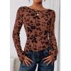 imagePRETTYGARDEN Women Long Sleeve Floral Mesh Tops Blouse 2025 Fall Trendy Boat Neck Ruched Fitted Shirt Going Out Date OutfitsBrown