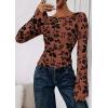 imagePRETTYGARDEN Women Long Sleeve Floral Mesh Tops Blouse 2025 Fall Trendy Boat Neck Ruched Fitted Shirt Going Out Date OutfitsBrown