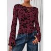 imagePRETTYGARDEN Women Long Sleeve Floral Mesh Tops Blouse 2025 Fall Trendy Boat Neck Ruched Fitted Shirt Going Out Date OutfitsBurgundy