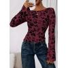 imagePRETTYGARDEN Women Long Sleeve Floral Mesh Tops Blouse 2025 Fall Trendy Boat Neck Ruched Fitted Shirt Going Out Date OutfitsBurgundy