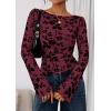 imagePRETTYGARDEN Women Long Sleeve Floral Mesh Tops Blouse 2025 Fall Trendy Boat Neck Ruched Fitted Shirt Going Out Date OutfitsBurgundy