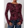 imagePRETTYGARDEN Women Long Sleeve Floral Mesh Tops Blouse 2025 Fall Trendy Boat Neck Ruched Fitted Shirt Going Out Date OutfitsBurgundy
