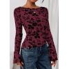 imagePRETTYGARDEN Women Long Sleeve Floral Mesh Tops Blouse 2025 Fall Trendy Boat Neck Ruched Fitted Shirt Going Out Date OutfitsBurgundy