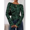 imagePRETTYGARDEN Women Long Sleeve Floral Mesh Tops Blouse 2025 Fall Trendy Boat Neck Ruched Fitted Shirt Going Out Date OutfitsDark Green