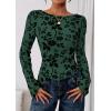 imagePRETTYGARDEN Women Long Sleeve Floral Mesh Tops Blouse 2025 Fall Trendy Boat Neck Ruched Fitted Shirt Going Out Date OutfitsDark Green