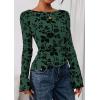 imagePRETTYGARDEN Women Long Sleeve Floral Mesh Tops Blouse 2025 Fall Trendy Boat Neck Ruched Fitted Shirt Going Out Date OutfitsDark Green