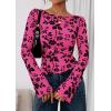 imagePRETTYGARDEN Women Long Sleeve Floral Mesh Tops Blouse 2025 Fall Trendy Boat Neck Ruched Fitted Shirt Going Out Date OutfitsHot Pink