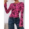 imagePRETTYGARDEN Women Long Sleeve Floral Mesh Tops Blouse 2025 Fall Trendy Boat Neck Ruched Fitted Shirt Going Out Date OutfitsHot Pink