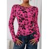 imagePRETTYGARDEN Women Long Sleeve Floral Mesh Tops Blouse 2025 Fall Trendy Boat Neck Ruched Fitted Shirt Going Out Date OutfitsHot Pink
