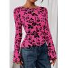 imagePRETTYGARDEN Women Long Sleeve Floral Mesh Tops Blouse 2025 Fall Trendy Boat Neck Ruched Fitted Shirt Going Out Date OutfitsHot Pink