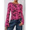 imagePRETTYGARDEN Women Long Sleeve Floral Mesh Tops Blouse 2025 Fall Trendy Boat Neck Ruched Fitted Shirt Going Out Date OutfitsHot Pink