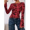 imagePRETTYGARDEN Women Long Sleeve Floral Mesh Tops Blouse 2025 Fall Trendy Boat Neck Ruched Fitted Shirt Going Out Date OutfitsRed
