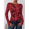 imagePRETTYGARDEN Women Long Sleeve Floral Mesh Tops Blouse 2025 Fall Trendy Boat Neck Ruched Fitted Shirt Going Out Date OutfitsRed