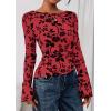 imagePRETTYGARDEN Women Long Sleeve Floral Mesh Tops Blouse 2025 Fall Trendy Boat Neck Ruched Fitted Shirt Going Out Date OutfitsRed