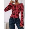 imagePRETTYGARDEN Women Long Sleeve Floral Mesh Tops Blouse 2025 Fall Trendy Boat Neck Ruched Fitted Shirt Going Out Date OutfitsRed