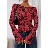 imagePRETTYGARDEN Women Long Sleeve Floral Mesh Tops Blouse 2025 Fall Trendy Boat Neck Ruched Fitted Shirt Going Out Date OutfitsRed