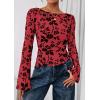 imagePRETTYGARDEN Women Long Sleeve Floral Mesh Tops Blouse 2025 Fall Trendy Boat Neck Ruched Fitted Shirt Going Out Date OutfitsRed
