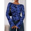 imagePRETTYGARDEN Women Long Sleeve Floral Mesh Tops Blouse 2025 Fall Trendy Boat Neck Ruched Fitted Shirt Going Out Date OutfitsRoyal Blue