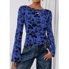 imagePRETTYGARDEN Women Long Sleeve Floral Mesh Tops Blouse 2025 Fall Trendy Boat Neck Ruched Fitted Shirt Going Out Date OutfitsRoyal Blue