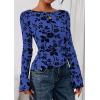imagePRETTYGARDEN Women Long Sleeve Floral Mesh Tops Blouse 2025 Fall Trendy Boat Neck Ruched Fitted Shirt Going Out Date OutfitsRoyal Blue