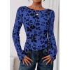 imagePRETTYGARDEN Women Long Sleeve Floral Mesh Tops Blouse 2025 Fall Trendy Boat Neck Ruched Fitted Shirt Going Out Date OutfitsRoyal Blue