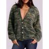 imagePRETTYGARDEN Womens Cardigan Sweaters 2025 Fall Striped Long Sleeve V Neck Button Down Knit Fuzzy Outerwear Trendy ClothesArmy Green