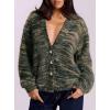 imagePRETTYGARDEN Womens Cardigan Sweaters 2025 Fall Striped Long Sleeve V Neck Button Down Knit Fuzzy Outerwear Trendy ClothesArmy Green