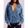 imagePRETTYGARDEN Womens Cardigan Sweaters 2025 Fall Striped Long Sleeve V Neck Button Down Knit Fuzzy Outerwear Trendy ClothesBlue