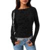 imagePRETTYGARDEN Women Long Sleeve Floral Mesh Tops Blouse 2025 Fall Trendy Boat Neck Ruched Fitted Shirt Going Out Date OutfitsBlack