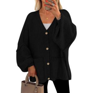 imagePRETTYGARDEN Fall Chunky Cardigan Sweaters for Women 2025 Button Lantern Sleeve Knit Oversized Sweater Coats with PocketsBlack