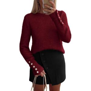 imagePRETTYGARDEN Fall Sweaters for Women 2025 Cozy Casual Crewneck Pullover Button Long Sleeve Knit Tops Winter Fashion ClothingBurgundy