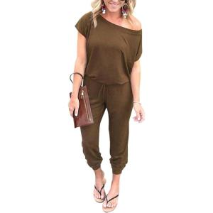 imagePRETTYGARDEN Jumpsuits for Women 2025 Dressy Casual Off Shoulder Romper Outfits Spring Vacation Travel Summer Lounge ClothesKhaki