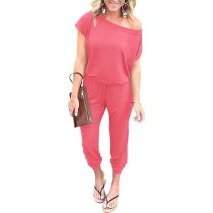 imagePRETTYGARDEN Jumpsuits for Women 2025 Dressy Casual Off Shoulder Romper Outfits Spring Vacation Travel Summer Lounge ClothesLight Pink