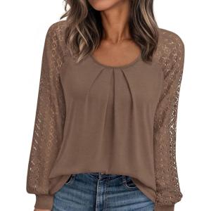 imagePRETTYGARDEN Long Sleeve Shirts for Women Trendy Lace Tops Dressy Casual Blouses 2025 Fall Outfits Fashion Clothing