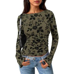 imagePRETTYGARDEN Women Long Sleeve Floral Mesh Tops Blouse 2025 Fall Trendy Boat Neck Ruched Fitted Shirt Going Out Date OutfitsArmy Green