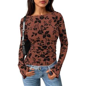 imagePRETTYGARDEN Women Long Sleeve Floral Mesh Tops Blouse 2025 Fall Trendy Boat Neck Ruched Fitted Shirt Going Out Date OutfitsBrown