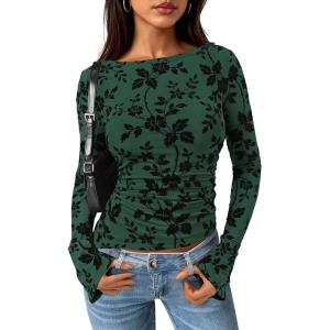 imagePRETTYGARDEN Women Long Sleeve Floral Mesh Tops Blouse 2025 Fall Trendy Boat Neck Ruched Fitted Shirt Going Out Date OutfitsDark Green