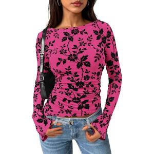 imagePRETTYGARDEN Women Long Sleeve Floral Mesh Tops Blouse 2025 Fall Trendy Boat Neck Ruched Fitted Shirt Going Out Date OutfitsHot Pink