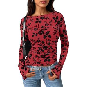 imagePRETTYGARDEN Women Long Sleeve Floral Mesh Tops Blouse 2025 Fall Trendy Boat Neck Ruched Fitted Shirt Going Out Date OutfitsRed