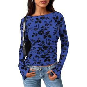imagePRETTYGARDEN Women Long Sleeve Floral Mesh Tops Blouse 2025 Fall Trendy Boat Neck Ruched Fitted Shirt Going Out Date OutfitsRoyal Blue